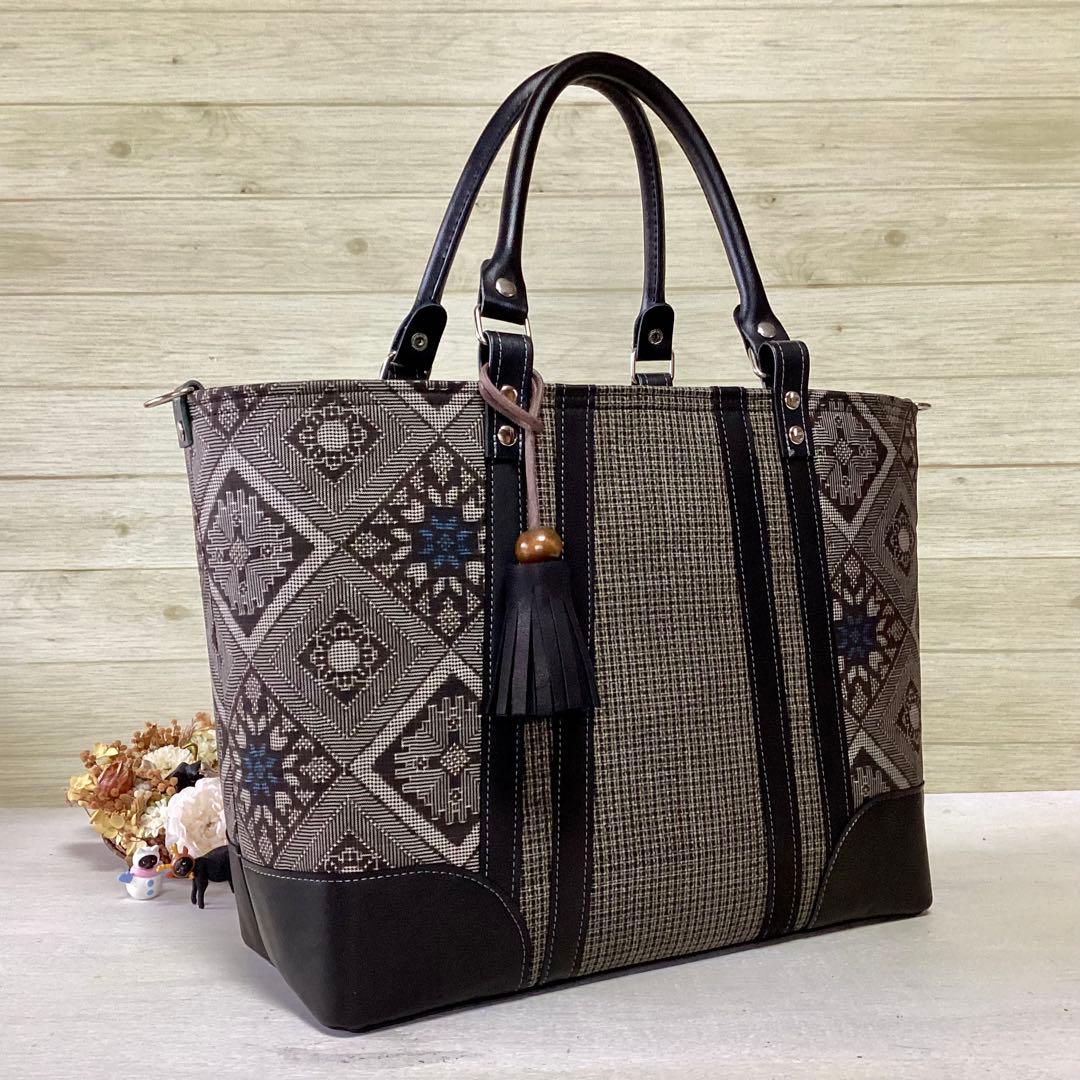 龍郷 大島紬 ×本革 着物リメイク トートバッグ 和装バッグ ハンドメイド Ａ4